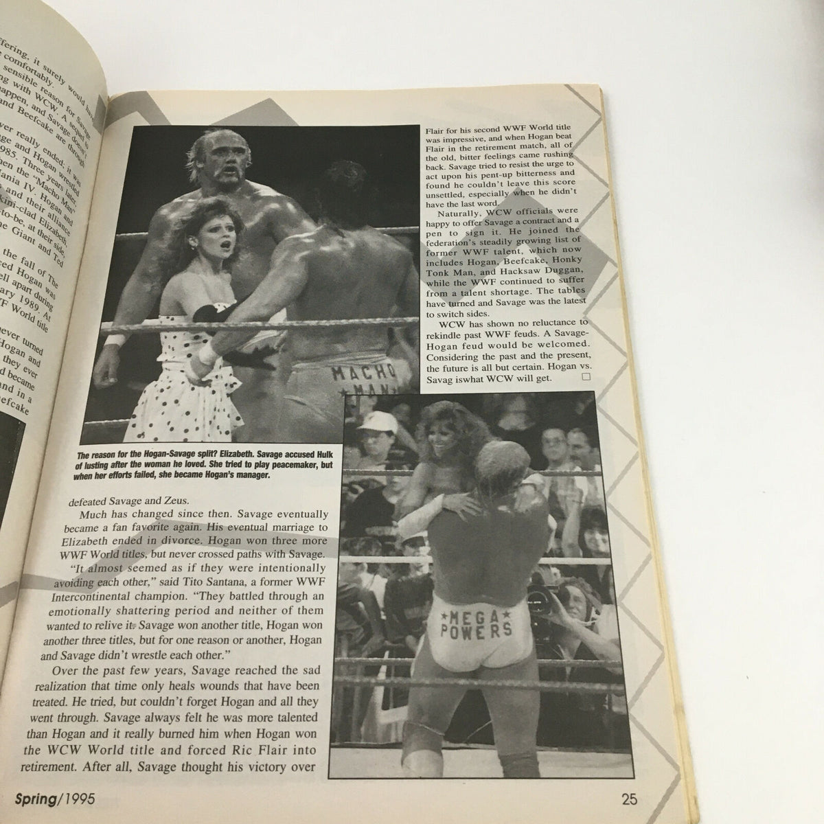 Page from Wrestle America Magazine Spring 1995 depicting a wrestling match scene with Hulk Hogan, Randy Savage, and Elizabeth, capturing a pivotal moment in professional wrestling history.