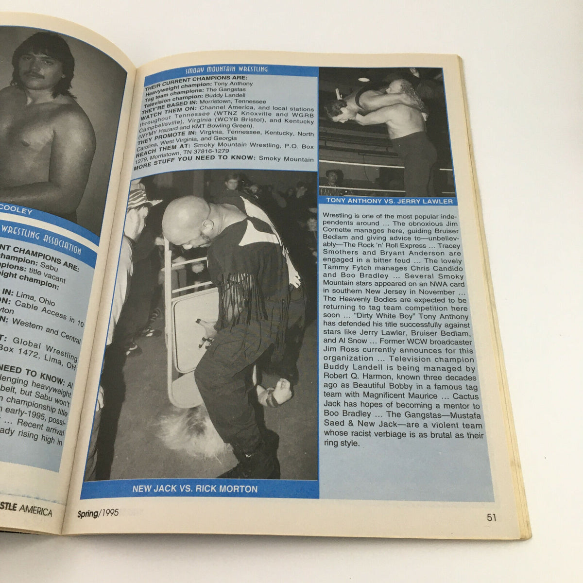 Page from Wrestle America Magazine Spring 1995 highlighting Smoky Mountain Wrestling with images and details about wrestlers New Jack and Jerry Lawler, offering insights into regional wrestling dynamics.