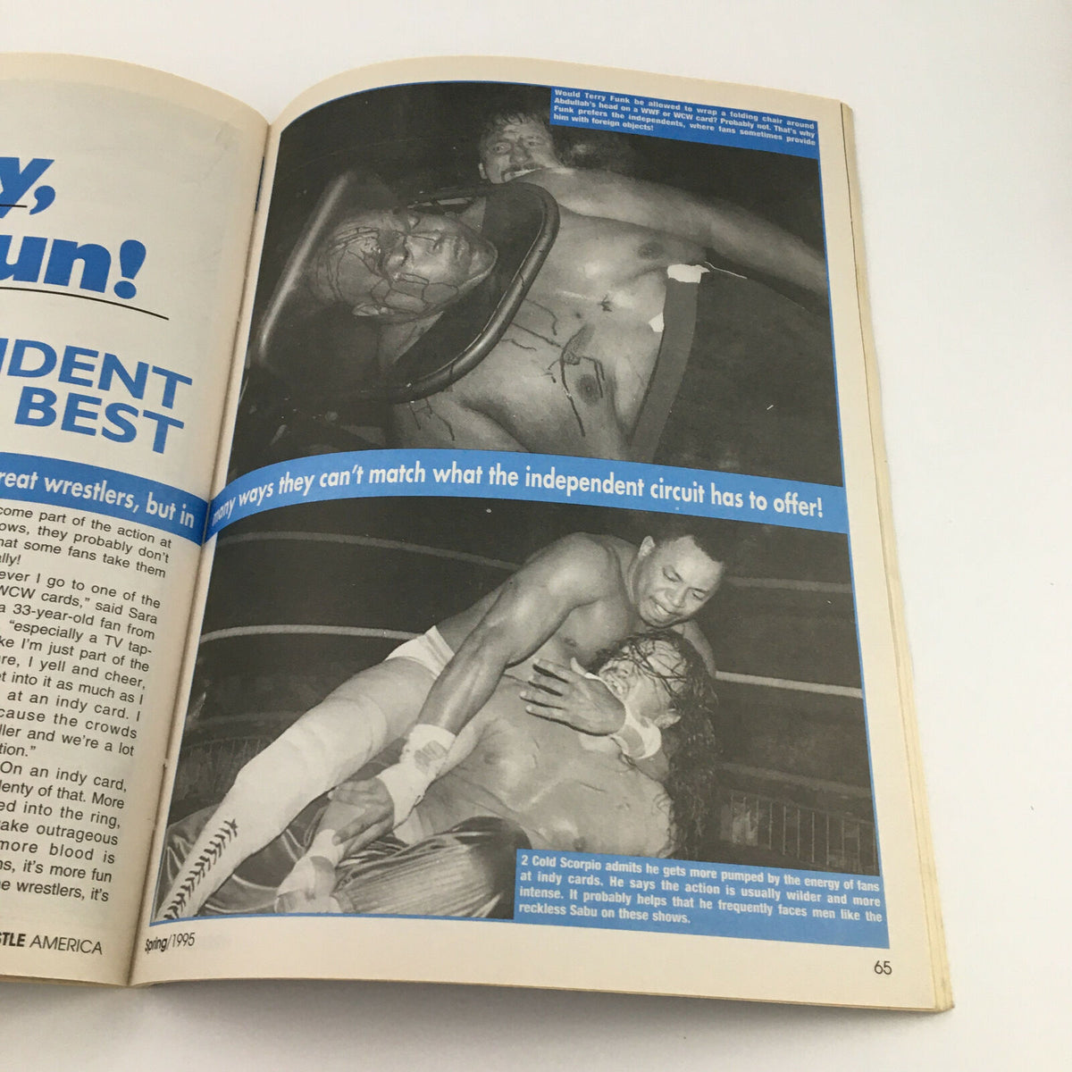 Page from Wrestle America Magazine Spring 1995 displaying independent circuit wrestling action, featuring wrestlers and commentary about the unique characteristics of indy promotions.