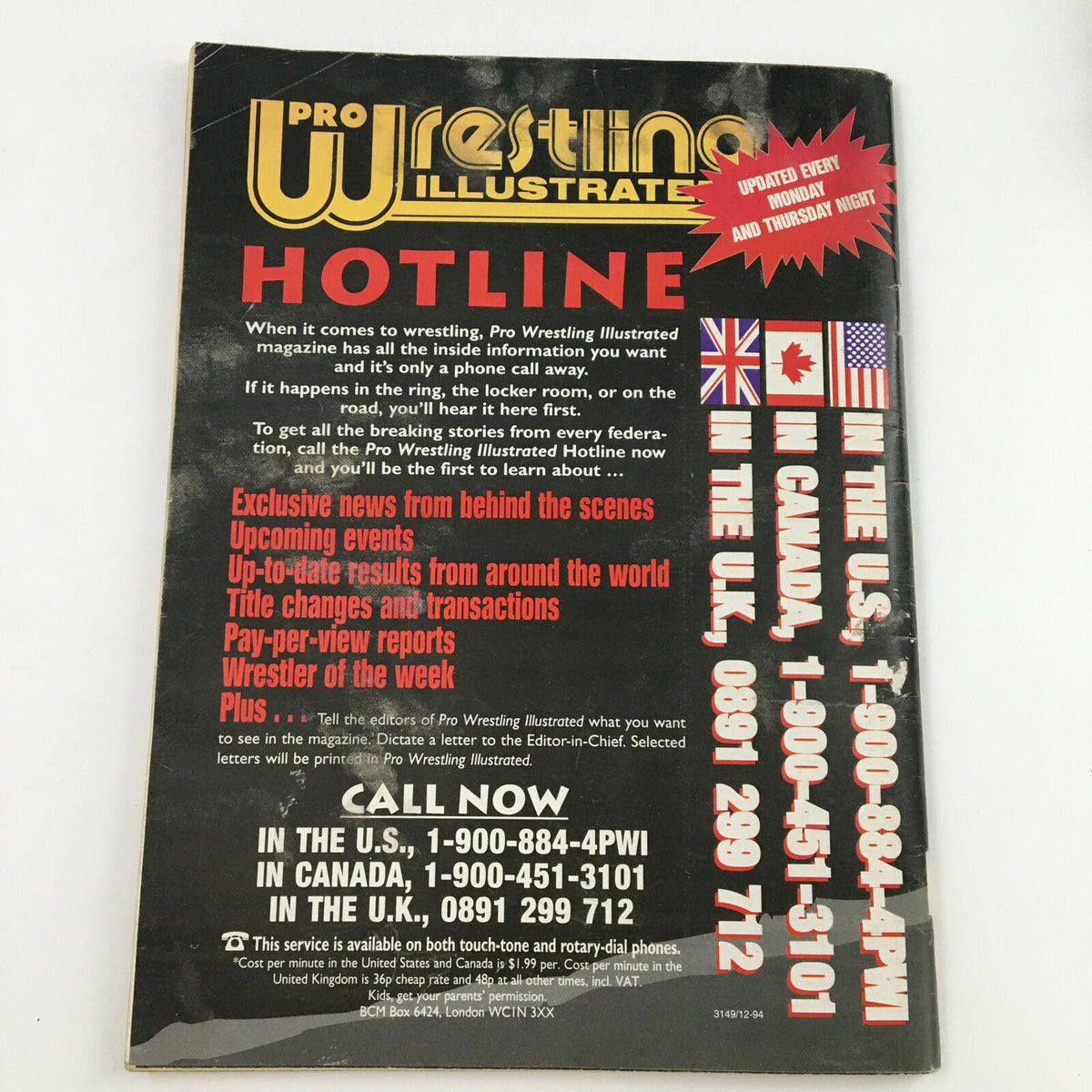 Back cover of Wrestle America Magazine Spring 1995 promoting the Pro Wrestling Illustrated Hotline, providing wrestling news and updates to fans, enhancing the magazine's historical context.