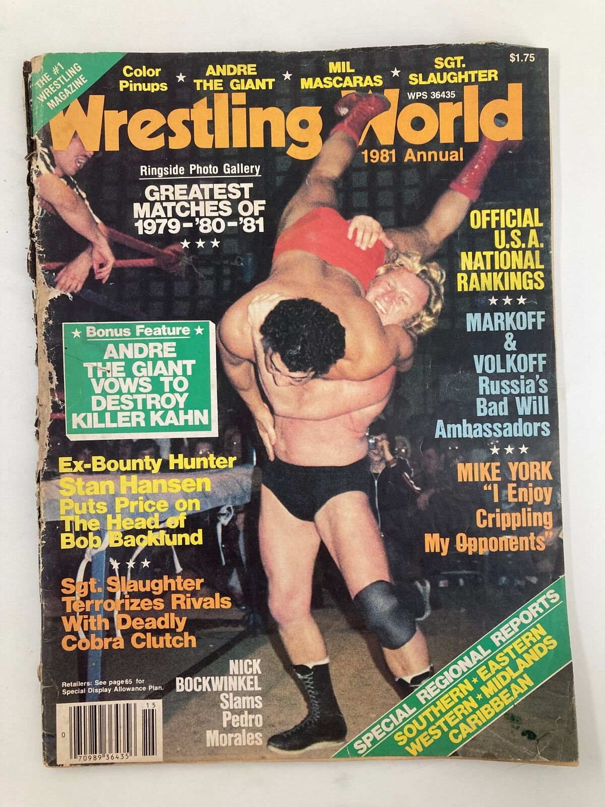 Wrestling World Magazine 1981 featuring Andre The Giant vs Killer Kahn on the cover, showcasing wrestling highlights with vibrant graphics.