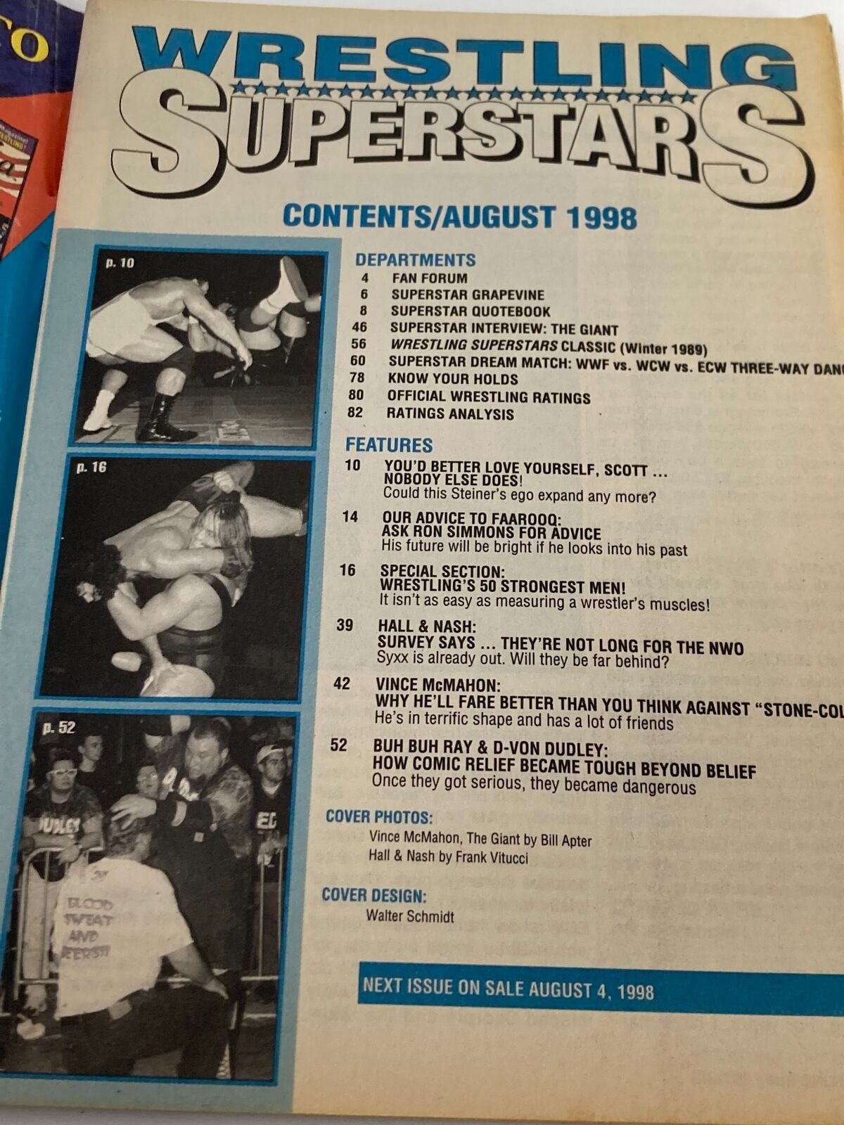 Wrestling Superstars Magazine August 1998 contents page listing segments featuring Vince McMahon, The Giant, and articles about wrestling's strongest men and industry insights.