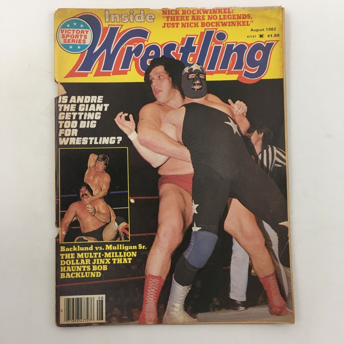 August 1982 cover of Inside Wrestling Magazine featuring a wrestling match between Andre the Giant and Mil Mascaras, highlighting the iconic rivalry in professional wrestling history.