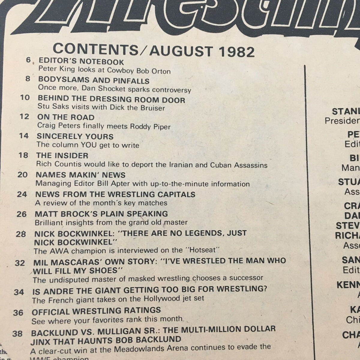 Inside Wrestling Magazine August 1982 - Table of Contents featuring featured articles and highlights, including Andre the Giant, Mil Mascaras, and wrestling ratings.