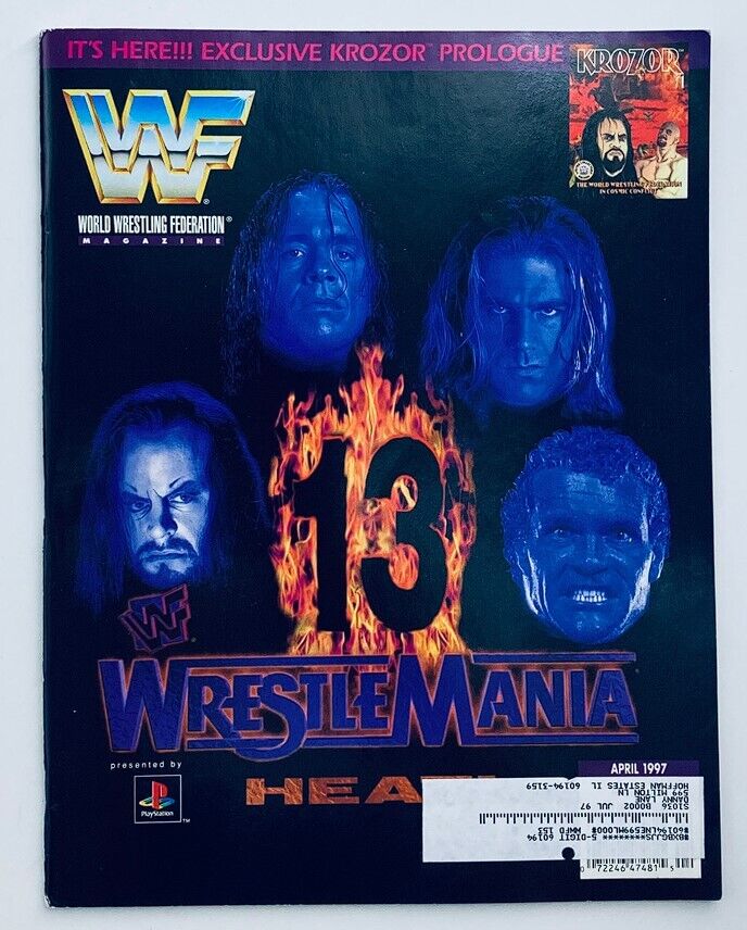 WWF World Wrestling Federation Magazine April 1997 featuring WrestleMania 13 cover art with iconic wrestlers and flames, a collectible for wrestling fans.