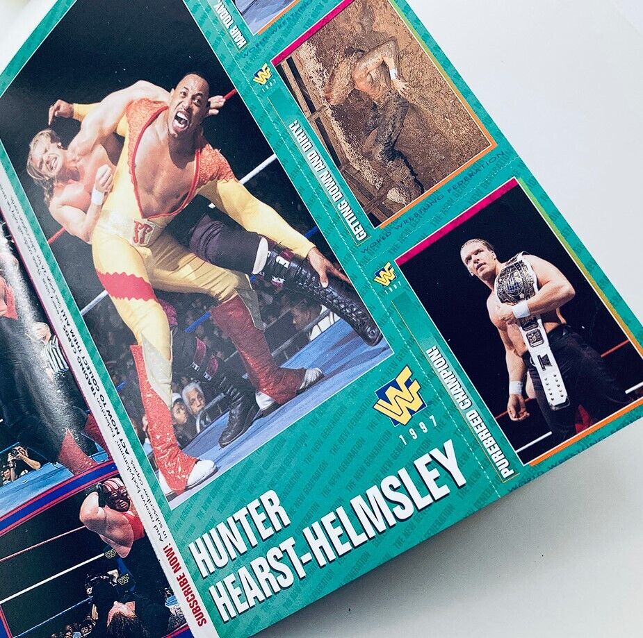 Inside page of WWF World Wrestling Federation Magazine April 1997 showcasing action shots of Hunter Hearst-Helmsley and wrestlers in the ring, highlighting the excitement of the era.