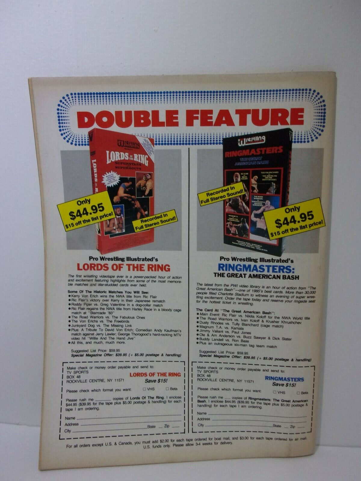 Double feature advertisement from The Wrestler May 1988 Hulk Hogan Magazine showcasing Pro Wrestling Illustrated's video releases 'Lords of the Ring' and 'Ringmasters: The Great American Bash' with pricing details.