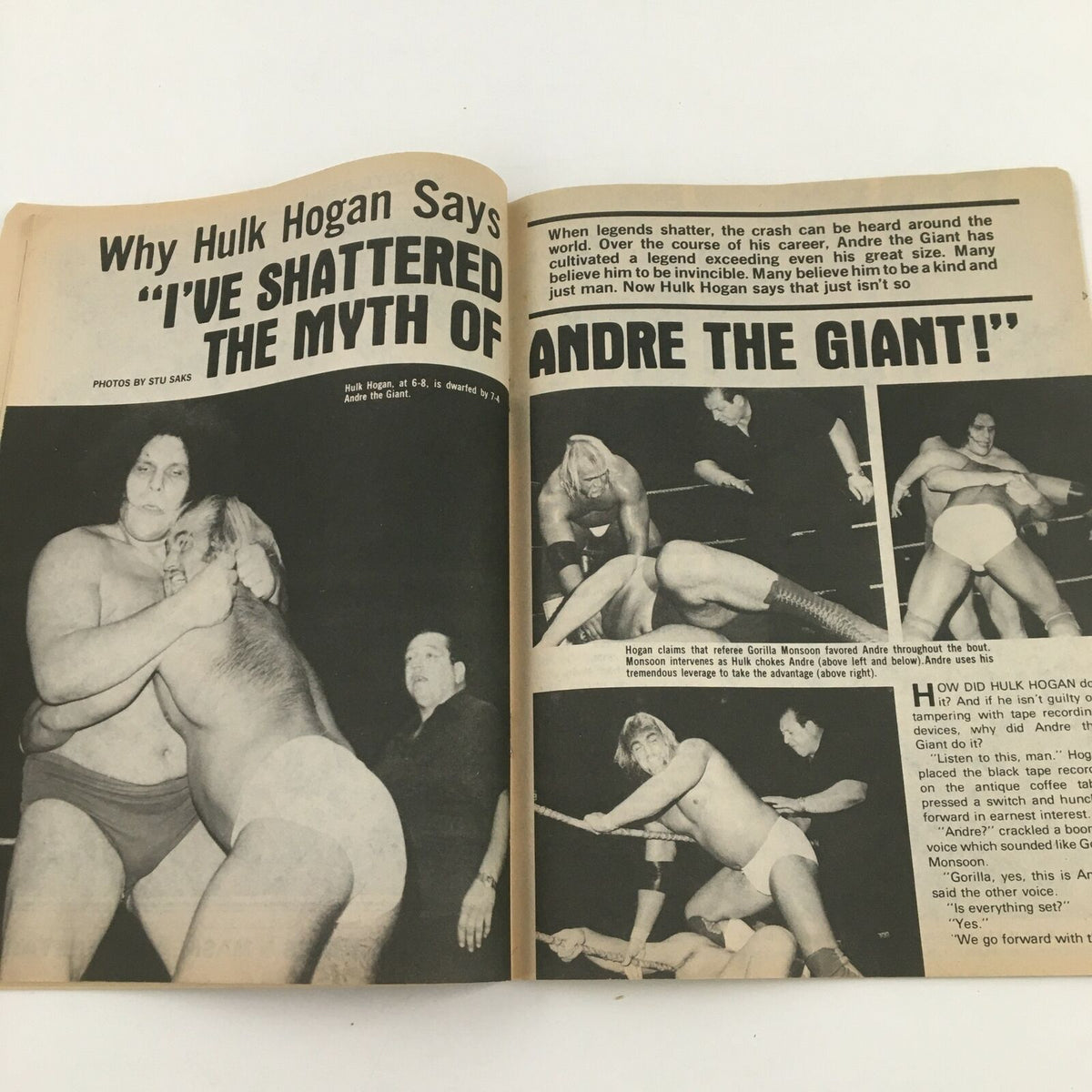 Sports Review Wrestling Magazine Spring 1981 featuring Hulk Hogan claiming he has shattered the myth of Andre the Giant, showcasing iconic wrestling match highlights and dramatic moments.