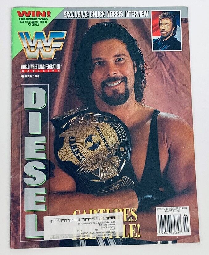 WWF World Wrestling Federation Magazine February 1995 featuring Diesel on the cover, showcasing a muscular man holding a championship belt, highlighting an exclusive Chuck Norris interview.