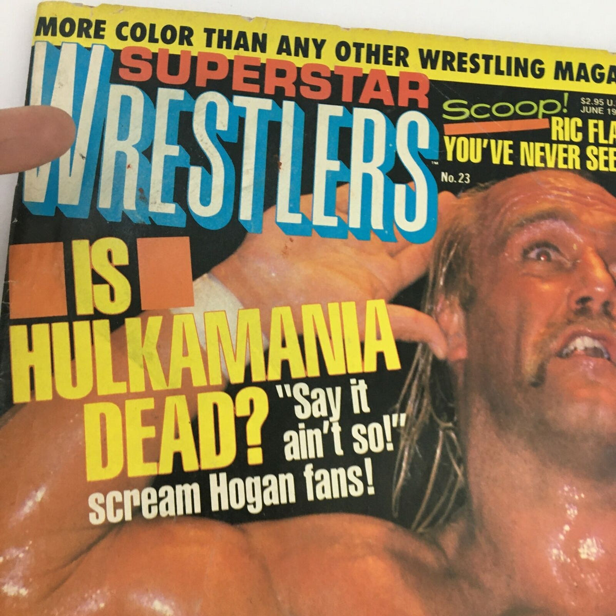 Close-up of the cover of Superstar Wrestlers Magazine June 1988 #23, displaying Hulk Hogan's image and the provocative question 'Is Hulkamania Dead?'. The magazine emphasizes its colorful design and wrestling content.