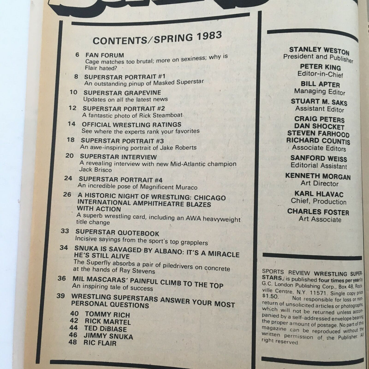 Contents page of Wrestling Superstars Magazine Spring 1983 including articles featuring Jack Brisco, Jimmy Snuka, and Rick Martel.