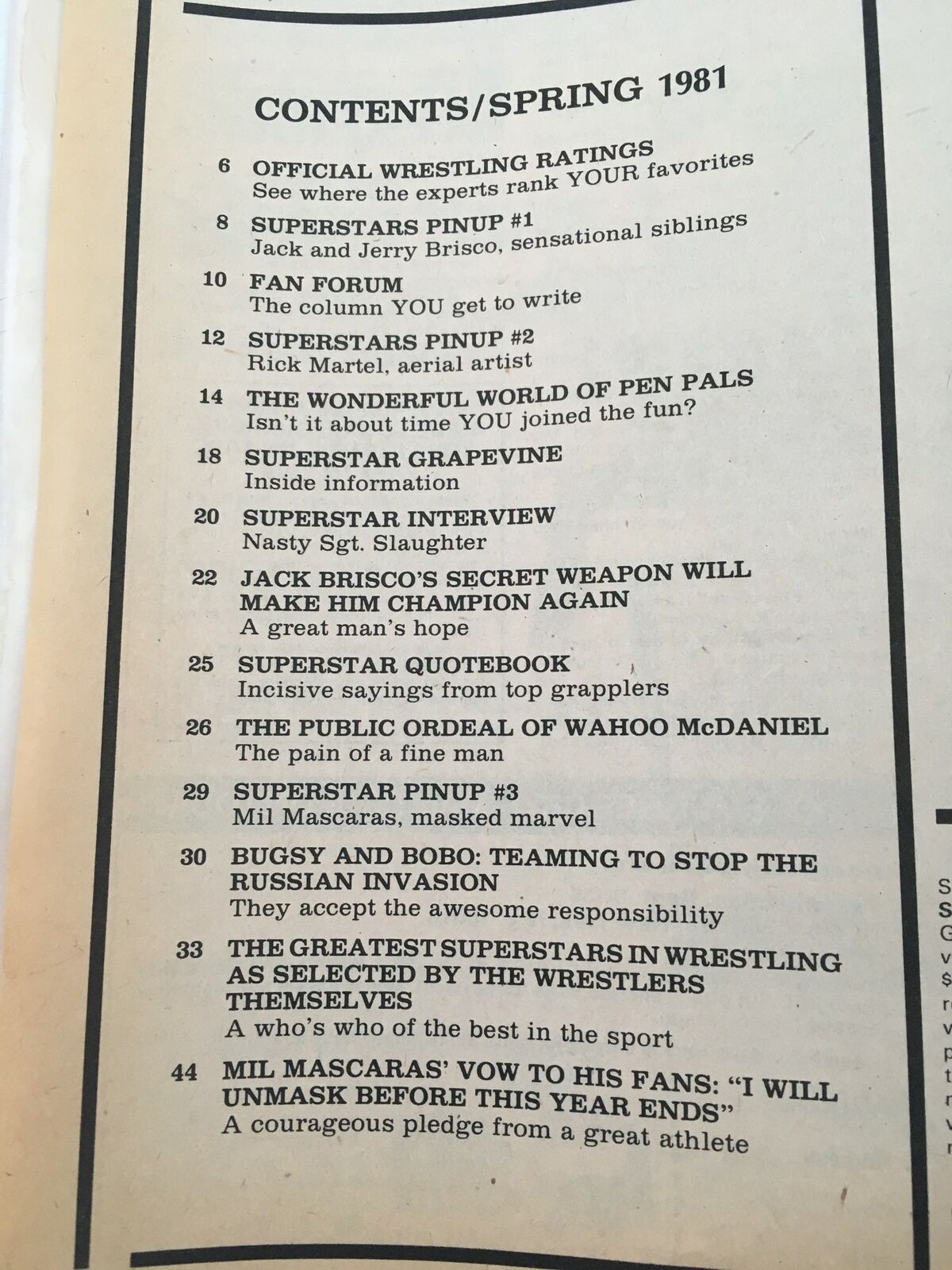 Contents page of Wrestling Super Stars Magazine Spring 1981 featuring articles and pinups related to wrestling legends including Jack Brisco, Ric Martel, and more.