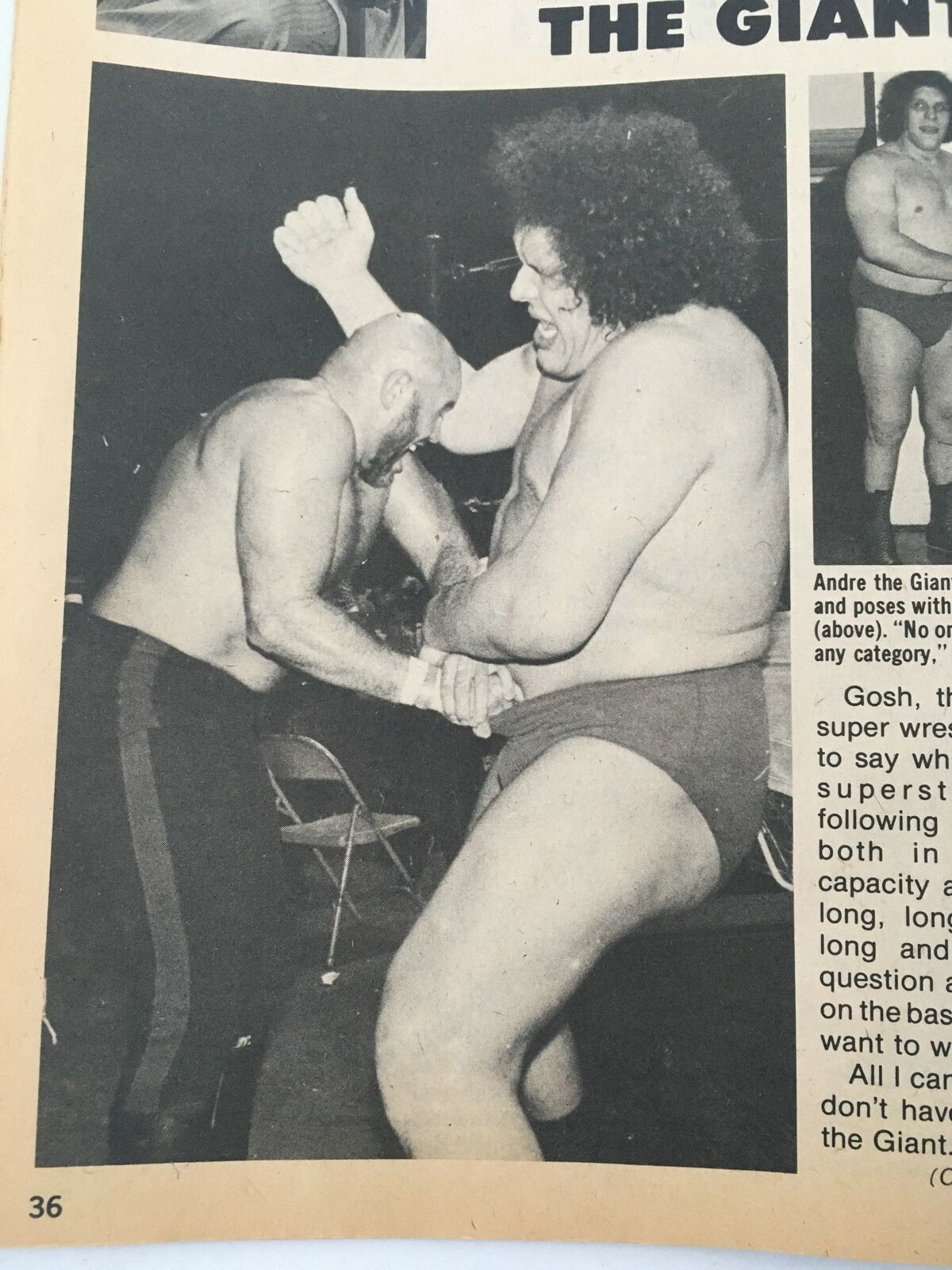 Photo capturing a live wrestling match featuring Andre the Giant, showcasing the intensity of the competition, highlighted in Wrestling Super Stars Magazine Spring 1981.