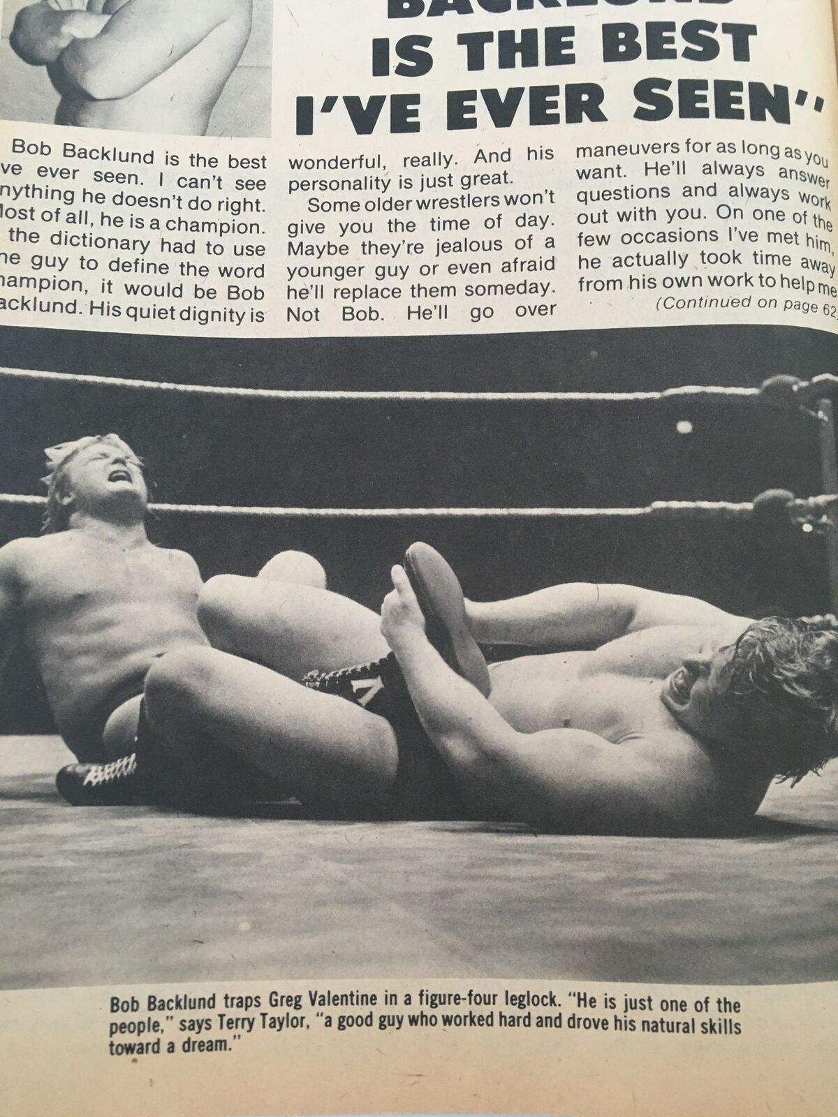 Image of Bob Backlund competing against Greg Valentine in a figure-four leglock, discussed in Wrestling Super Stars Magazine Spring 1981.