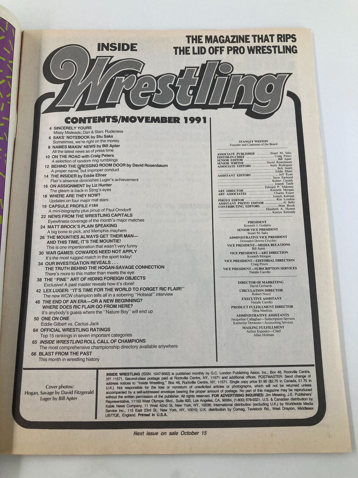 Inside page of Inside Wrestling Magazine November 1991 displaying the contents section, showcasing various article titles and features related to professional wrestling.