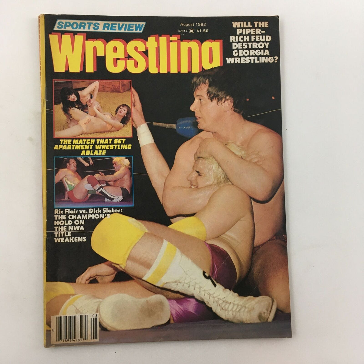 Sports Review Wrestling Magazine August 1982 featuring an action-packed cover showcasing two wrestlers in a dramatic hold. Highlights the match between Pedro Morales and Greg Valentine, along with other featured stories.