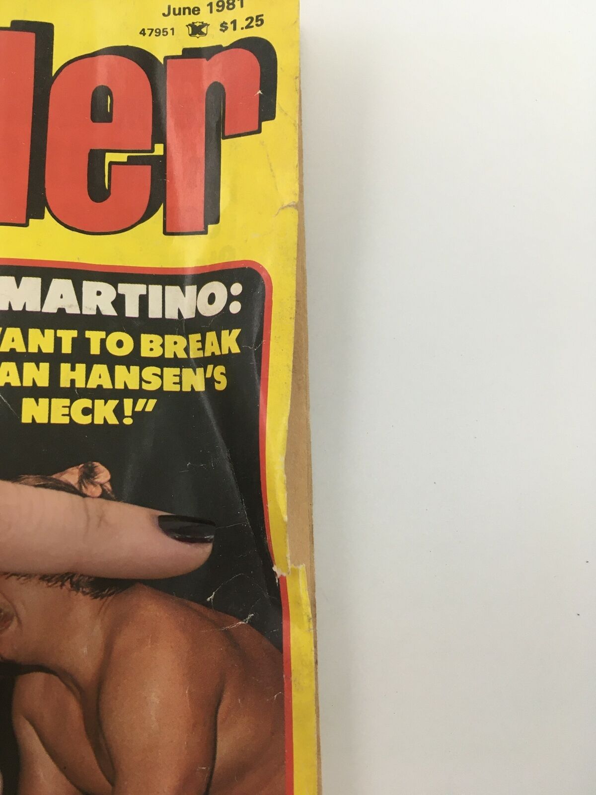 Close-up of The Wrestler Magazine June 1981, displaying the magazine title and highlighting Bruno Sammartino's statement about wanting to break Stan Hansen's neck.