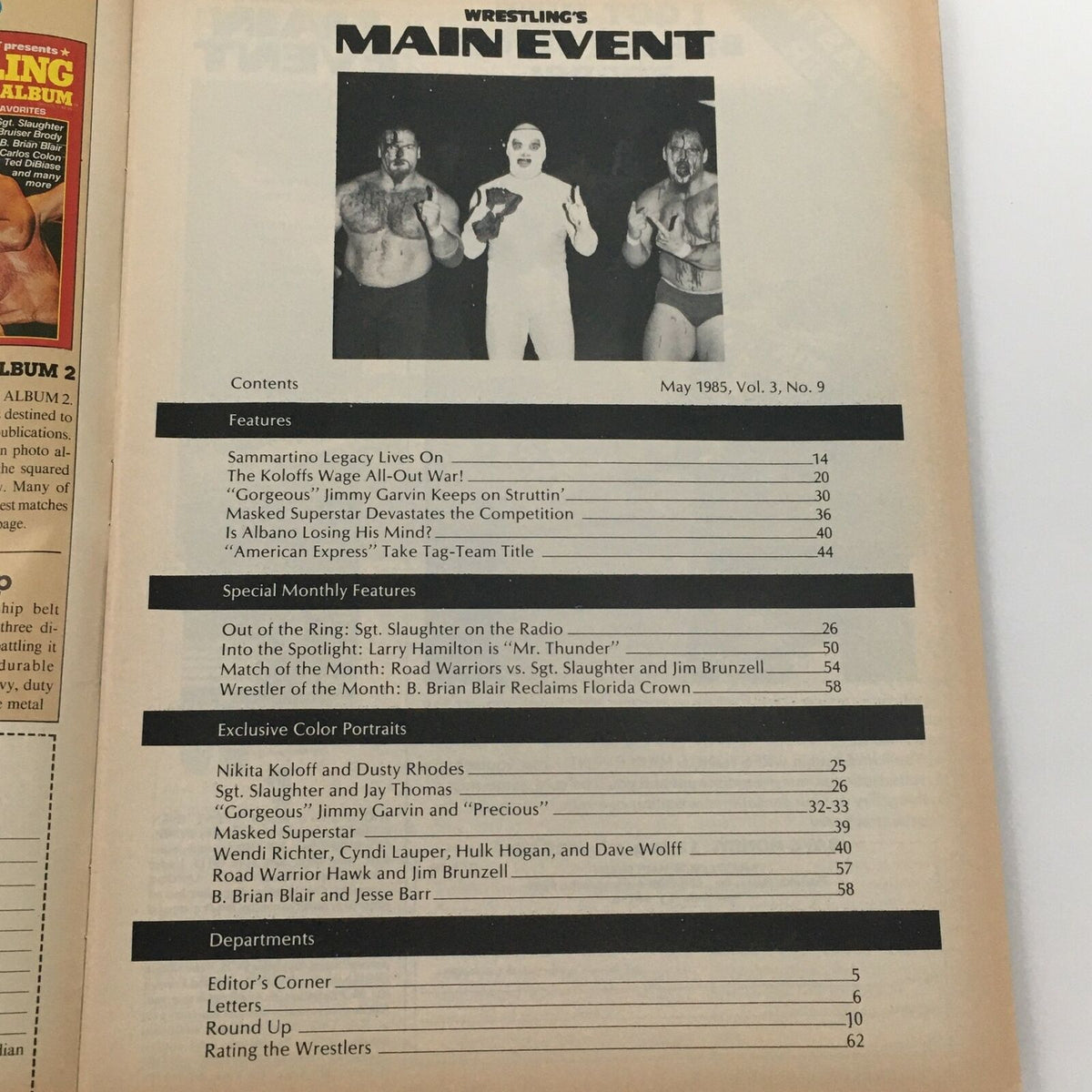 Interior page from Wrestling's Main Event Magazine May 1985 showcasing the content sections including features on wrestling stars and upcoming events.