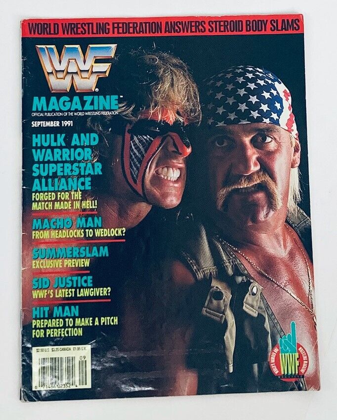 WWF World Wrestling Federation Magazine September 1991 featuring Hulk Hogan and The Ultimate Warrior on the cover, showcasing the iconic wrestlers in vibrant colors and dramatic poses.