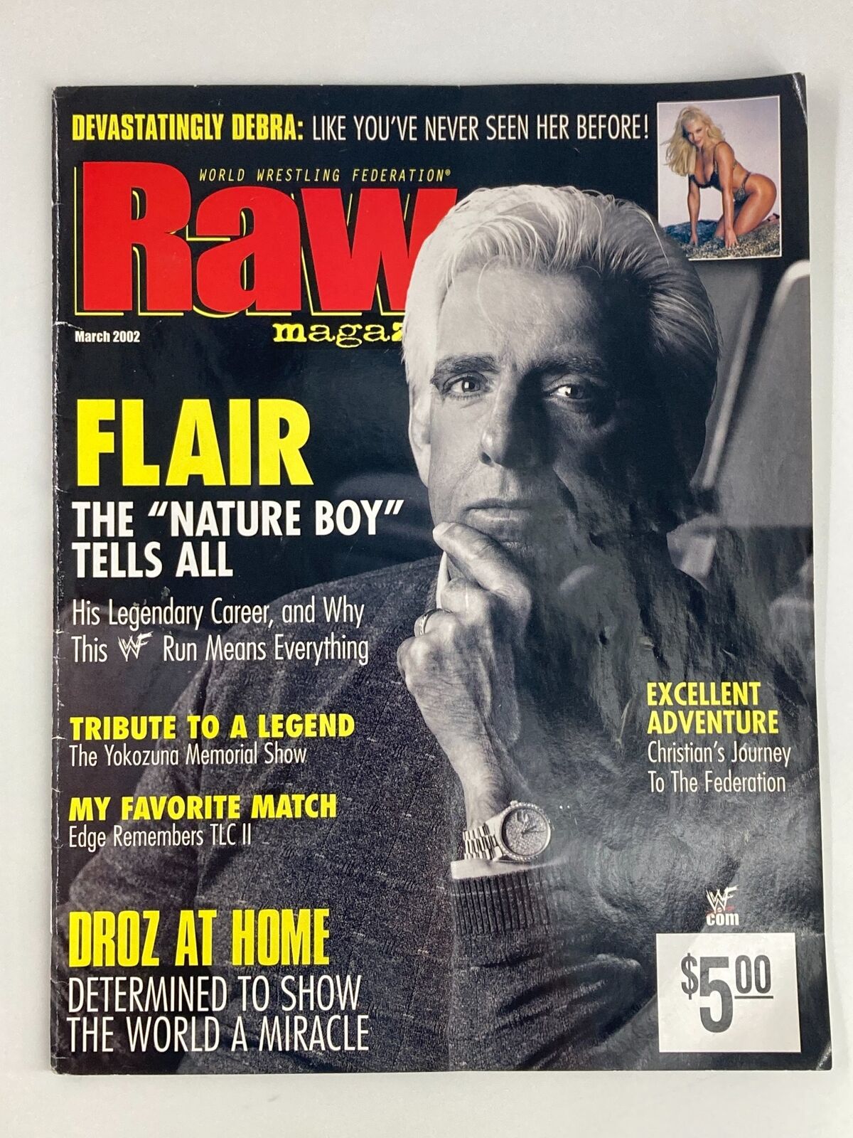 WWF Raw Magazine March 2002 cover featuring Ric Flair, the 'Nature Boy', highlighting his legendary career and original price of $5.00.