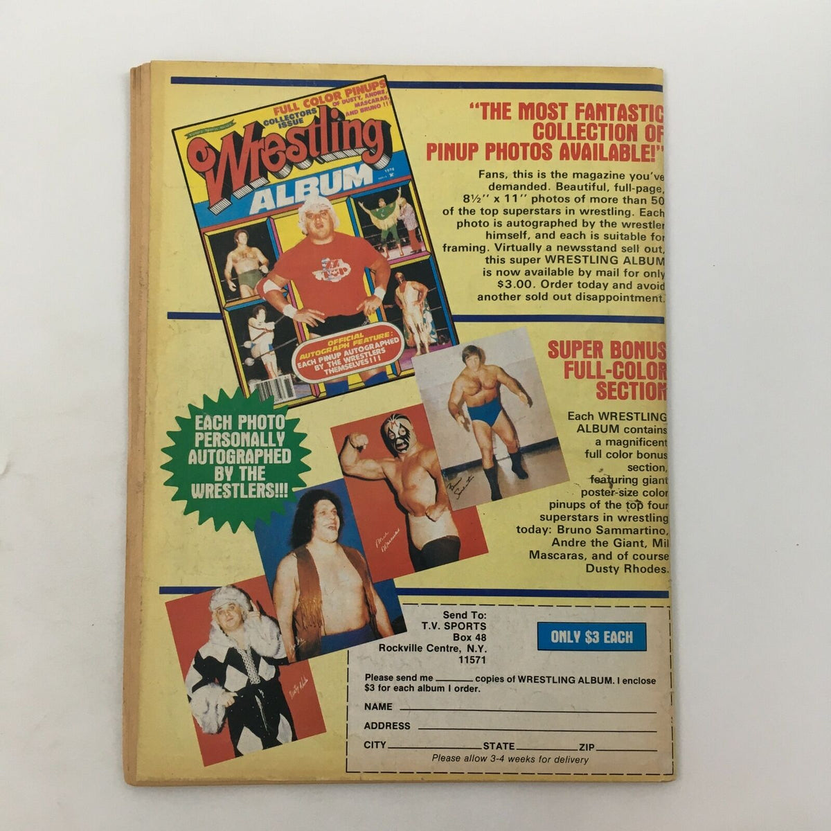 Back cover of WWF The Wrestler Magazine, June 1980, showcasing advertisements for wrestling memorabilia and pinup photos.