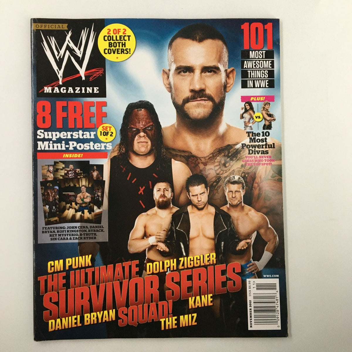 WWE Magazine November 2012 cover featuring CM Punk, Dolph Ziggler, Daniel Bryan, and Kane, highlighting 8 free superstar mini-posters and exciting WWE content.