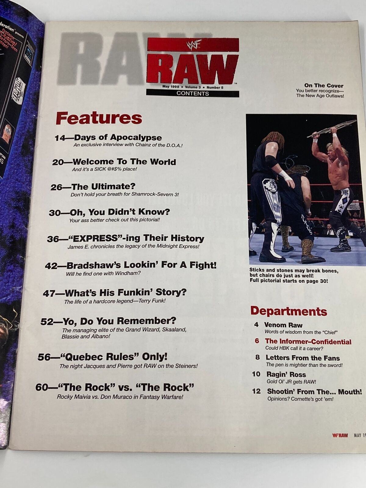 WWF Raw Magazine May 1998 contents page featuring exciting articles on wrestling topics, including Rocky Mania vs Don Muraco, wrestling match recaps, and wrestler interviews.