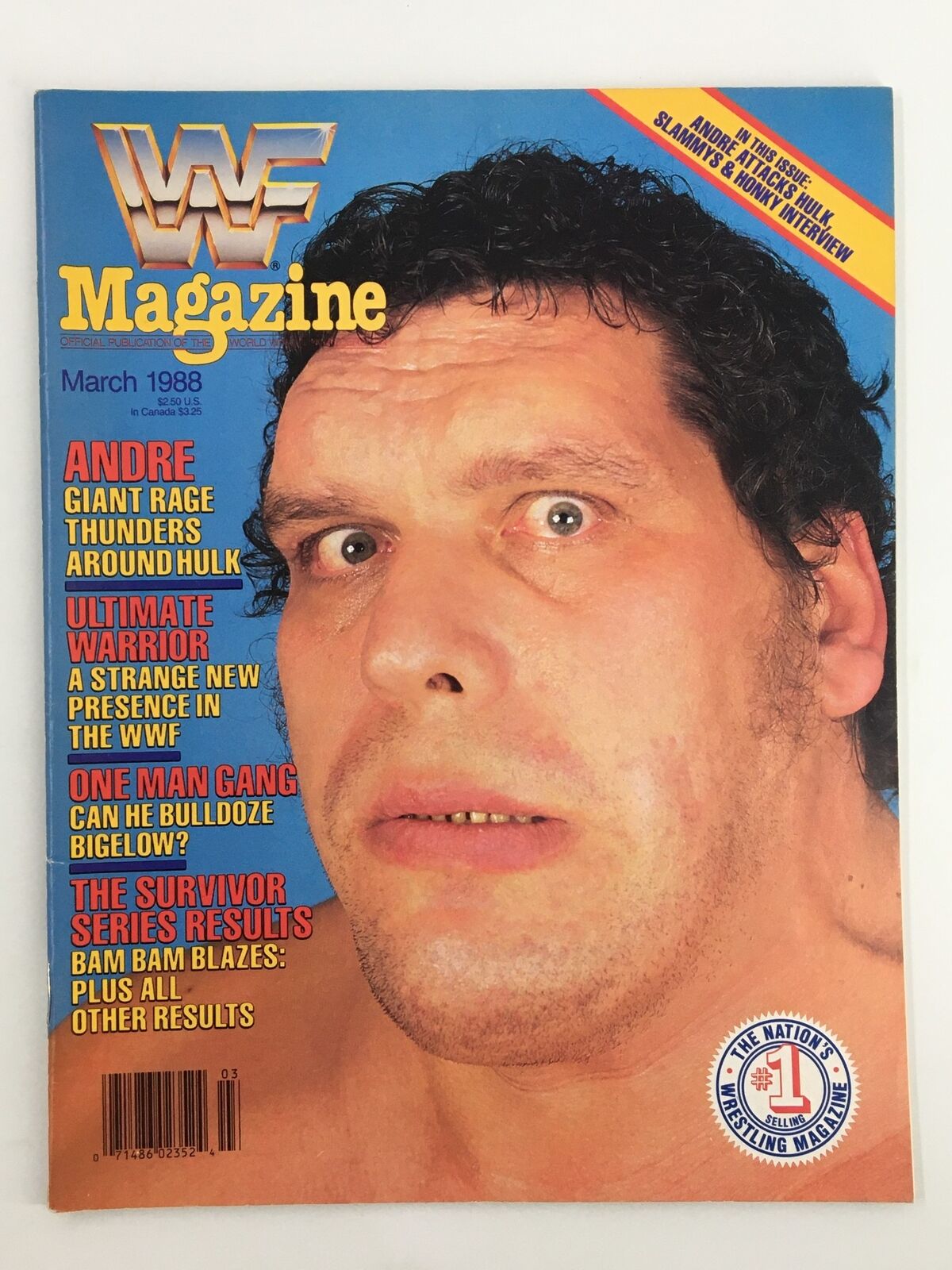 VTG WWF Magazine March 1988 featuring a close-up of Andre The Giant on the cover, showcasing his intense expression and promoting features on wrestling legends including The Ultimate Warrior.