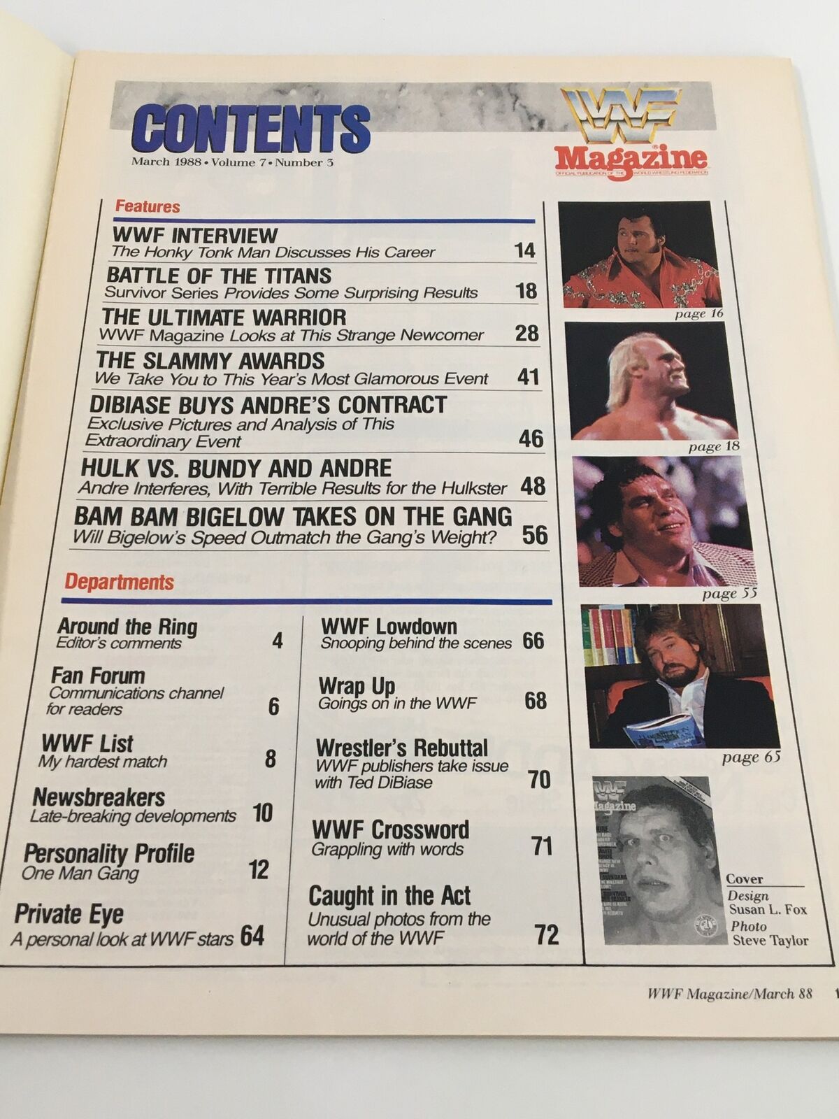 Inside content page of VTG WWF Magazine March 1988, detailing the features and sections of the magazine including interviews and match highlights.