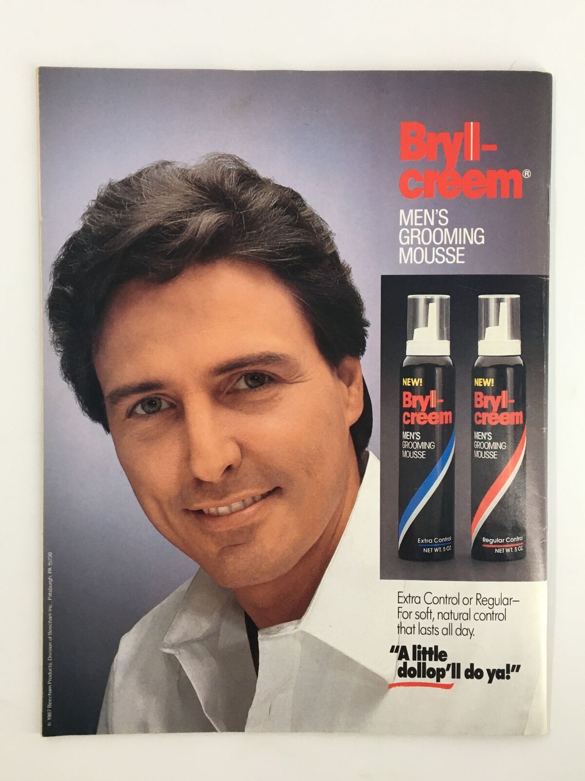 Advertisement for Bryll-creem grooming mousse featured in VTG WWF Magazine March 1988. The image showcases a well-groomed man promoting hair care products that reflect the beauty trends of the time.