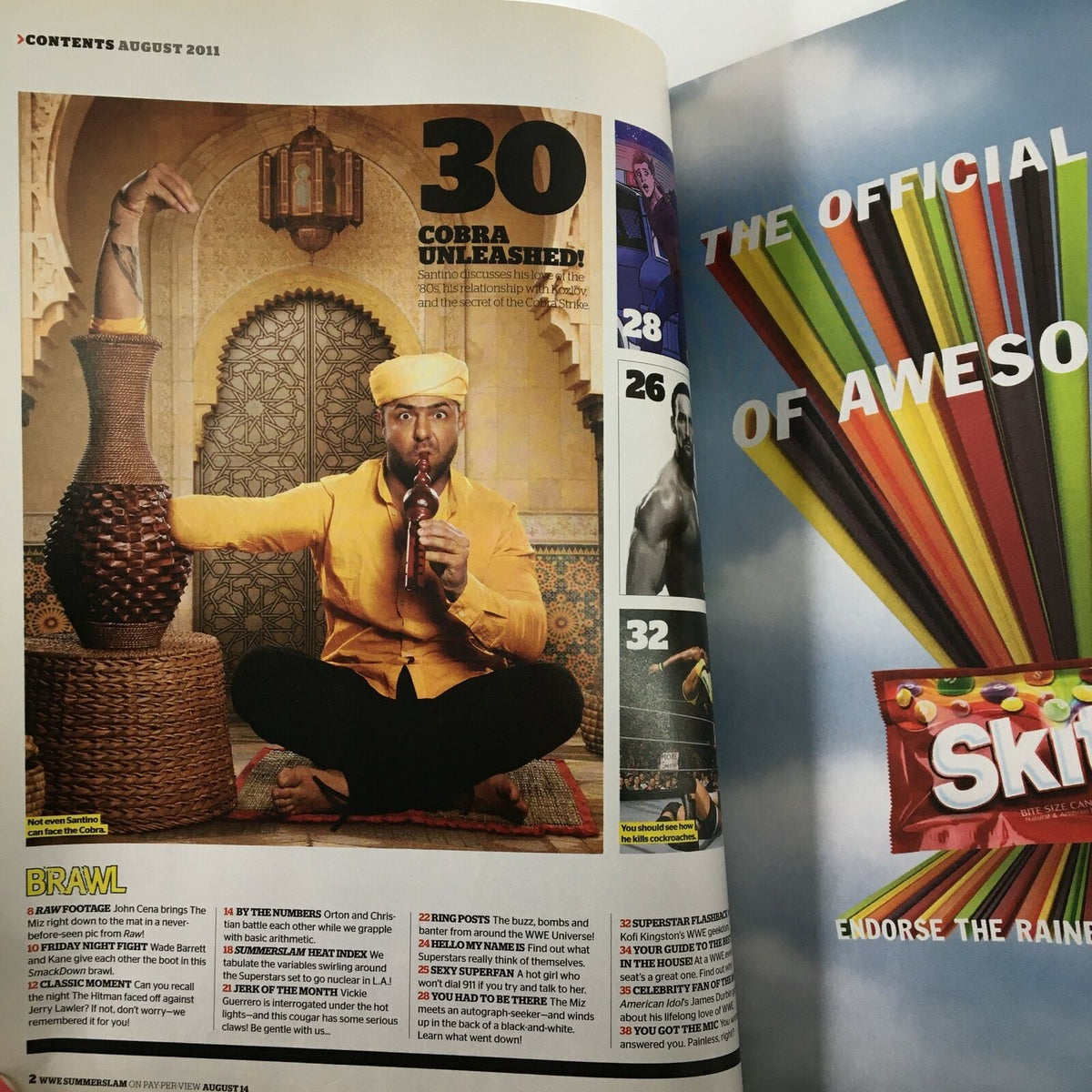 Contents page of WWE Magazine August 2011, featuring various articles including a section titled 'Cobra Unleashed', showcasing the magazine's diverse content on wrestling.