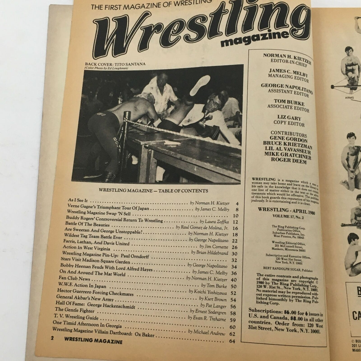 Interior page of The Ring's Wrestling Magazine April 1980 Vol 17 #2 featuring the table of contents and articles on professional wrestling, including notable mentions of Ted Dibiase and Col. Buck Robley.