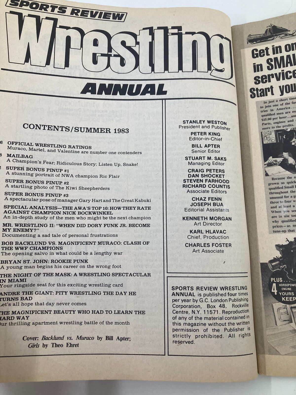 Interior page of the VTG Sports Review Wrestling Magazine Summer 1983 featuring contents for the issue, including official wrestling ratings, articles on Bob Backlund vs. Don Muraco, and a spotlight on wrestling personalities.
