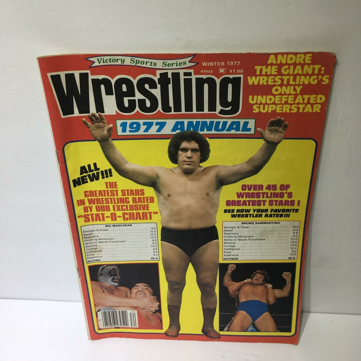 Cover of the 'Wrestling 1977 Annual Winter 1977 - Andre the Giant' magazine featuring Andre the Giant with raised hands in a wrestling pose.