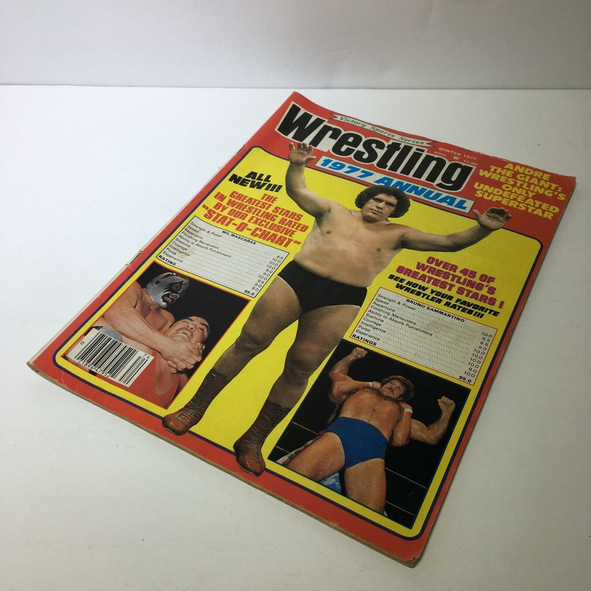 Front cover of the 'Wrestling 1977 Annual Winter 1977 - Andre the Giant' magazine showcasing Andre the Giant, with colorful graphics highlighting wrestling stars and events from the era.