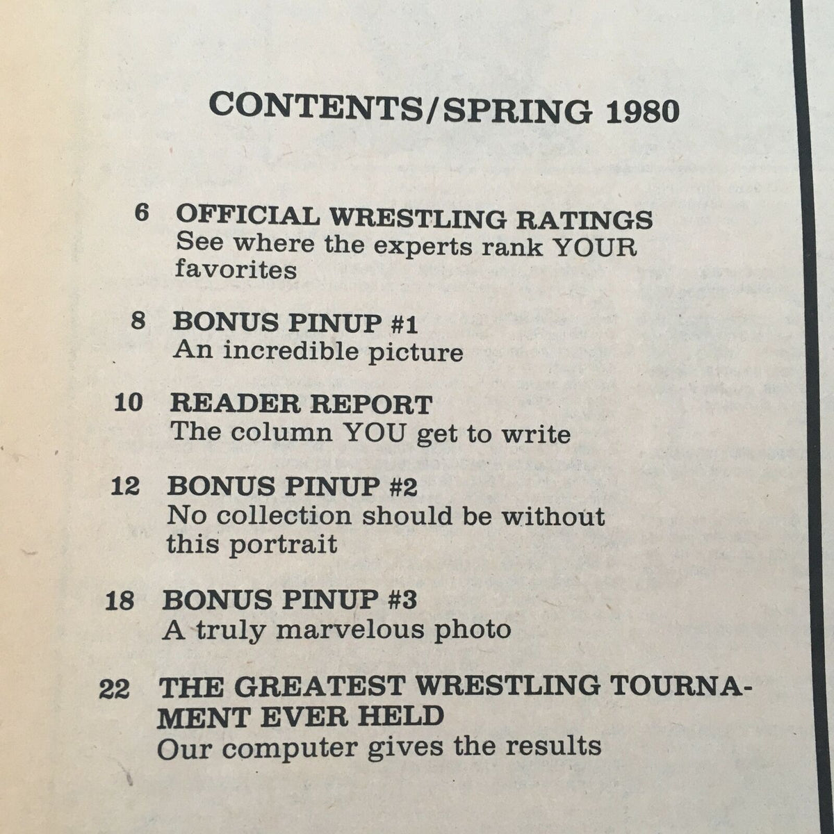 Wrestling Magazine Spring 1980 contents page listing wrestling features including official ratings, reader reports, and special bonus pinups from a historical vintage issue.