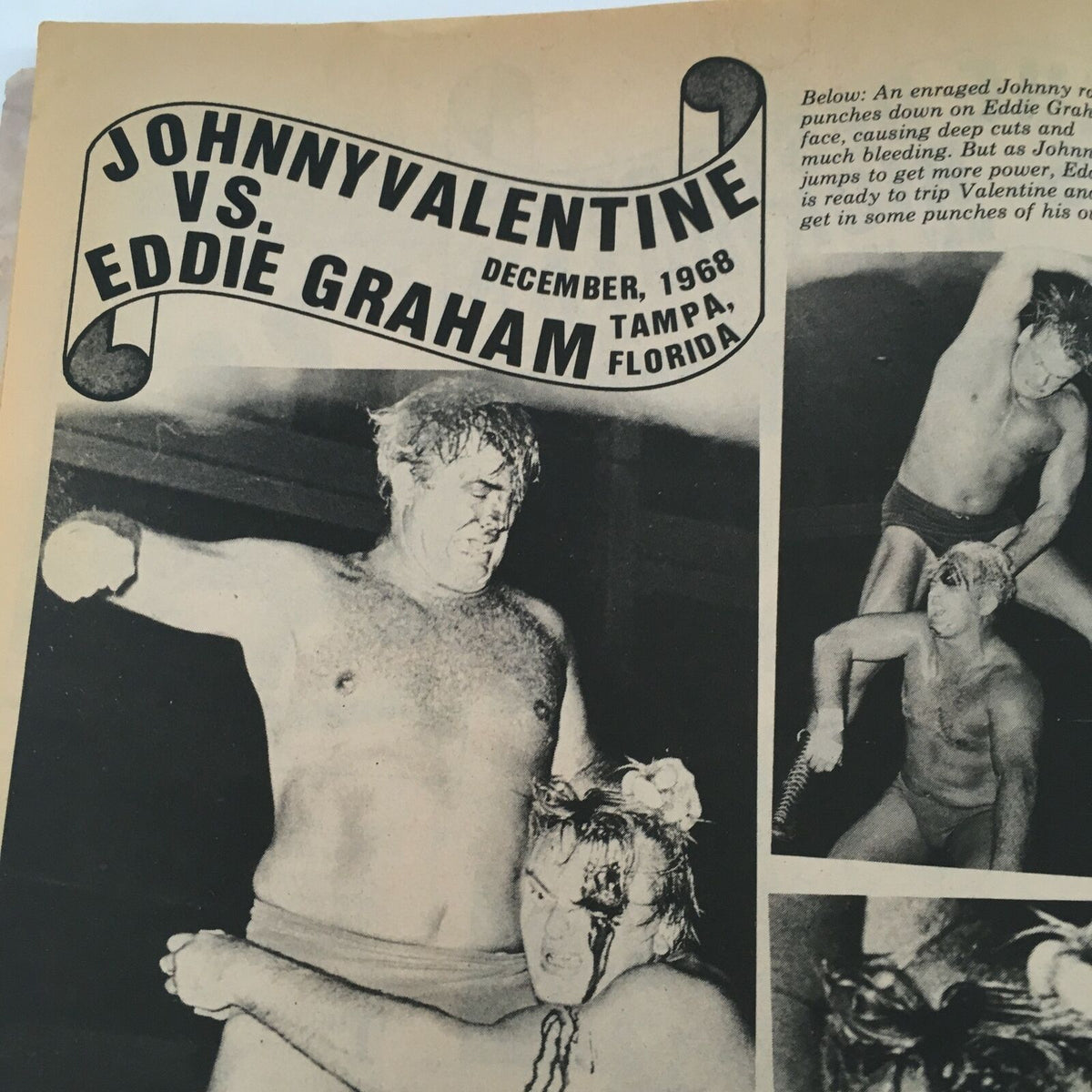 Historical image of Johnny Valentine vs. Eddie Graham from WWF Wrestling Magazine Spring 1980, showcasing intense wrestling action.