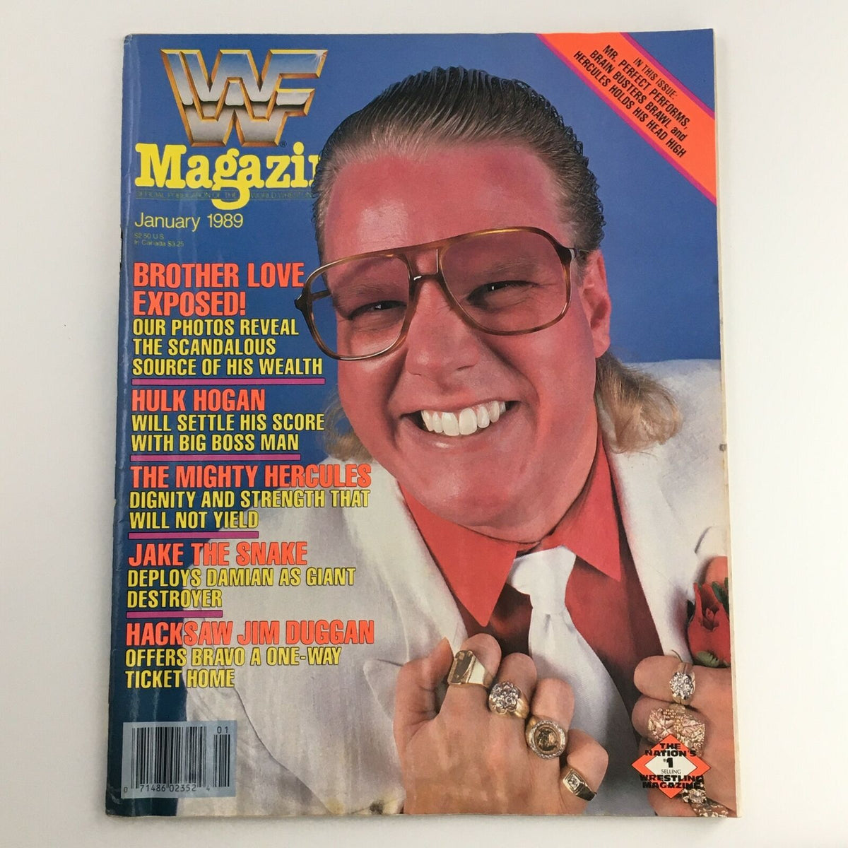WWF Magazine January 1989 featuring Hulk Hogan, Hercules, and Jake The Snake on the cover. The magazine showcases vibrant colors and images of wrestling legends and includes headlines about notable wrestling events and personalities from the Golden Era of professional wrestling.