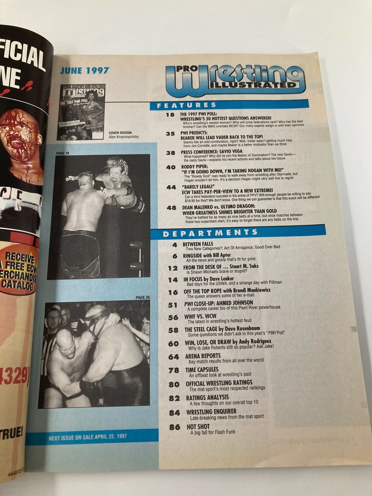 Interior page of Pro Wrestling Illustrated Magazine June 1997 showcasing the table of contents and feature articles including the 1997 PWI Poll and other wrestling topics, reflecting the magazine's role in wrestling history.