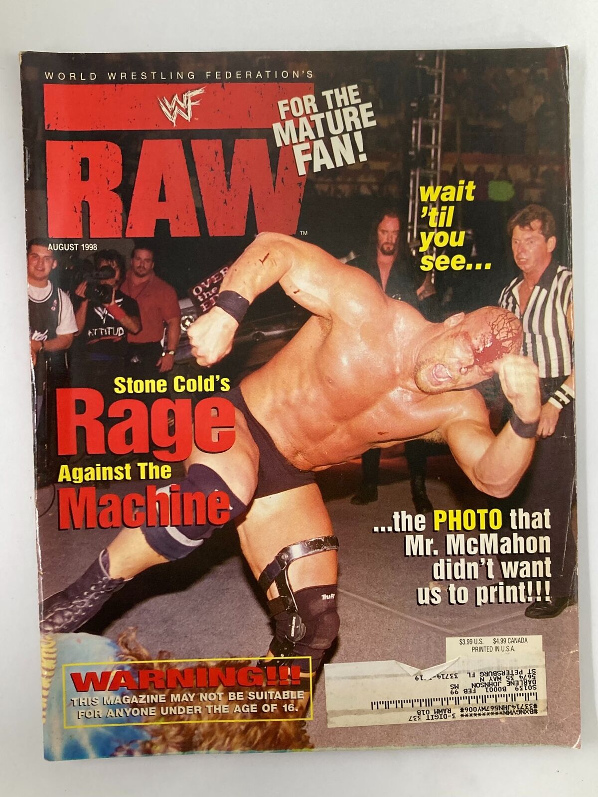 WWF Raw Magazine August 1998 cover featuring Stone Cold Steve Austin in action with the headline 'Stone Cold's Rage Against The Machine' and a warning for mature fans.