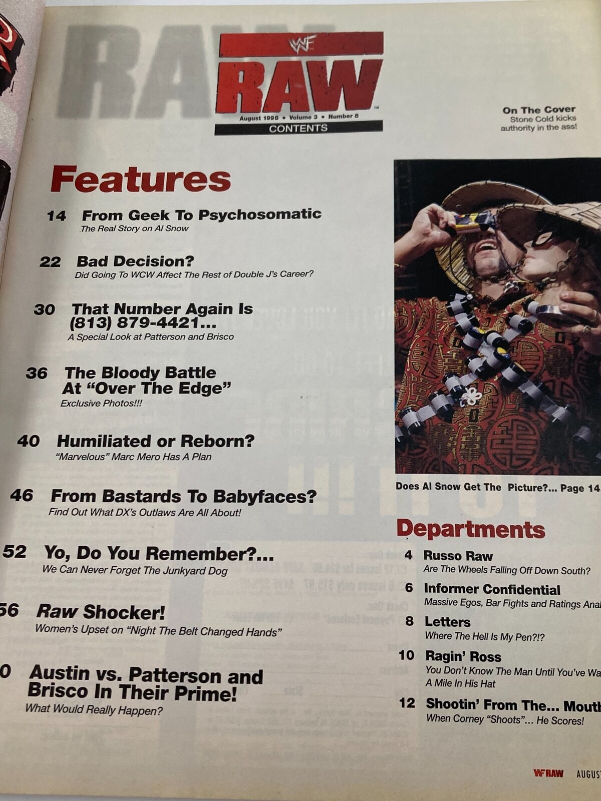Contents page of WWF Raw Magazine August 1998 outlining featured articles, including topics like 'From Geek To Psychosomatic' and 'Austin vs. Patterson and Brisco In Their Prime!'.