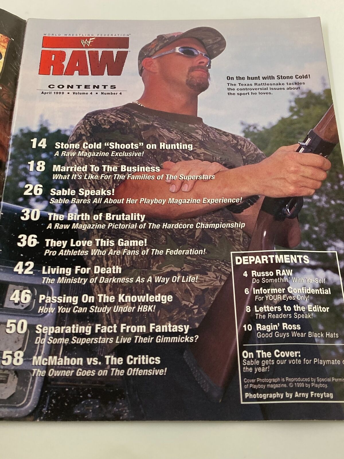 Contents page of WWF Raw Magazine April 1999, highlighting articles including Sable’s feature on her Playboy magazine experience and an exclusive with Stone Cold Steve Austin.