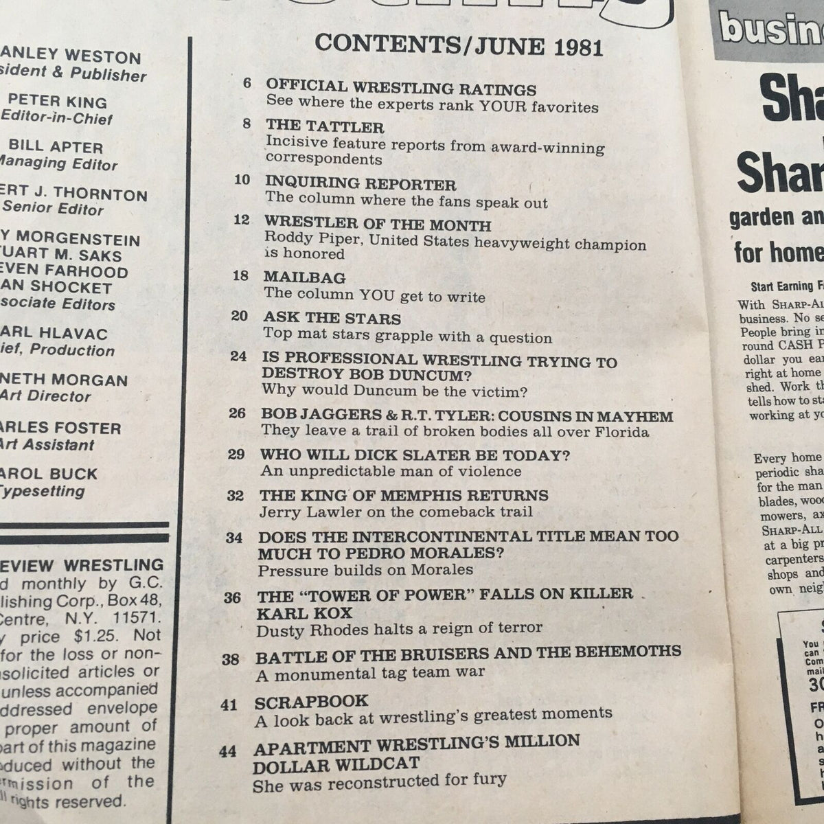 Contents page of Sports Review Wrestling Magazine June 1981 detailing articles including features on wrestling ratings, wrestler of the month Roddy Piper, and match highlights from the era.