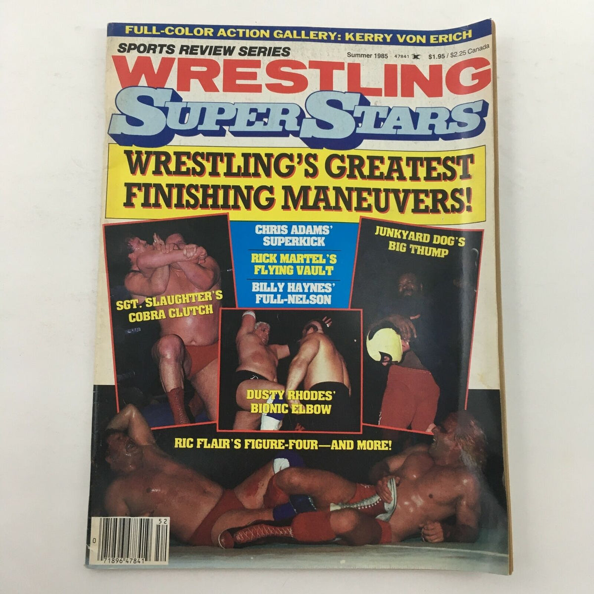 Cover of Wrestling Superstars Magazine Summer 1985 featuring prominent wrestlers and their finishing moves, including Dusty Rhodes' Bionic Elbow and Sgt. Slaughter's Cobra Clutch.