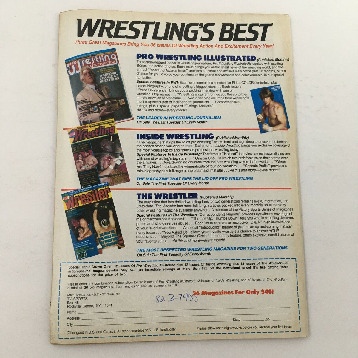 Wrestling Superstars Magazine Summer 1985 advertisement page showcasing subscriptions for wrestling magazines, including Pro Wrestling Illustrated, Inside Wrestling, and The Wrestler.
