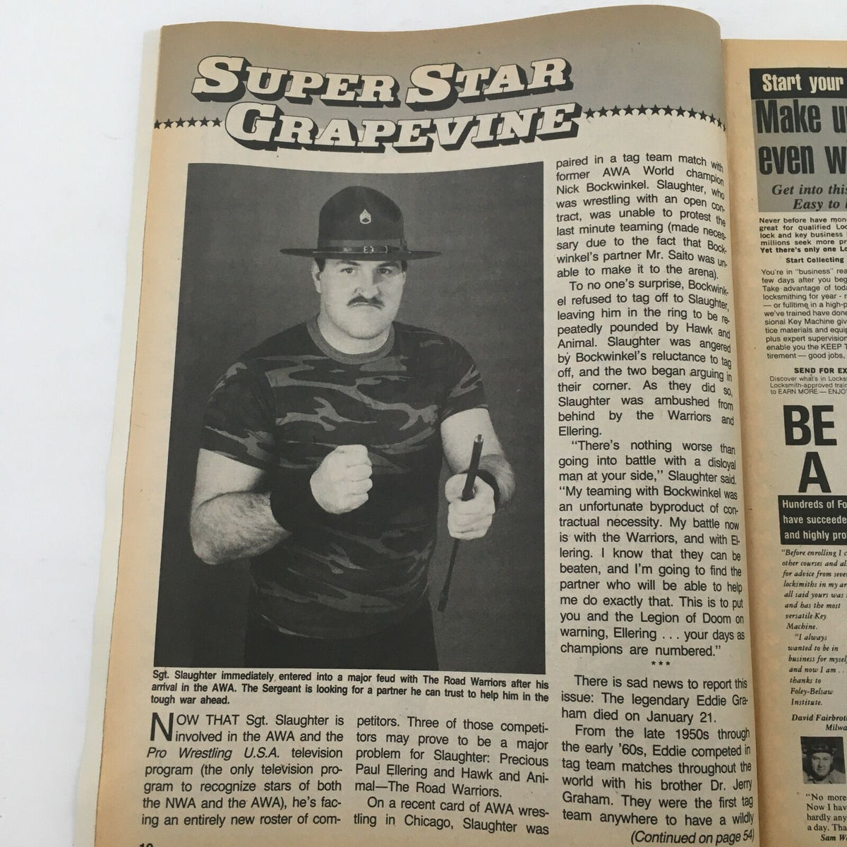 Wrestling Superstars Magazine Summer 1985 includes an article titled Super Star Grapevine, featuring insights on Sgt. Slaughter and his AWA journey.