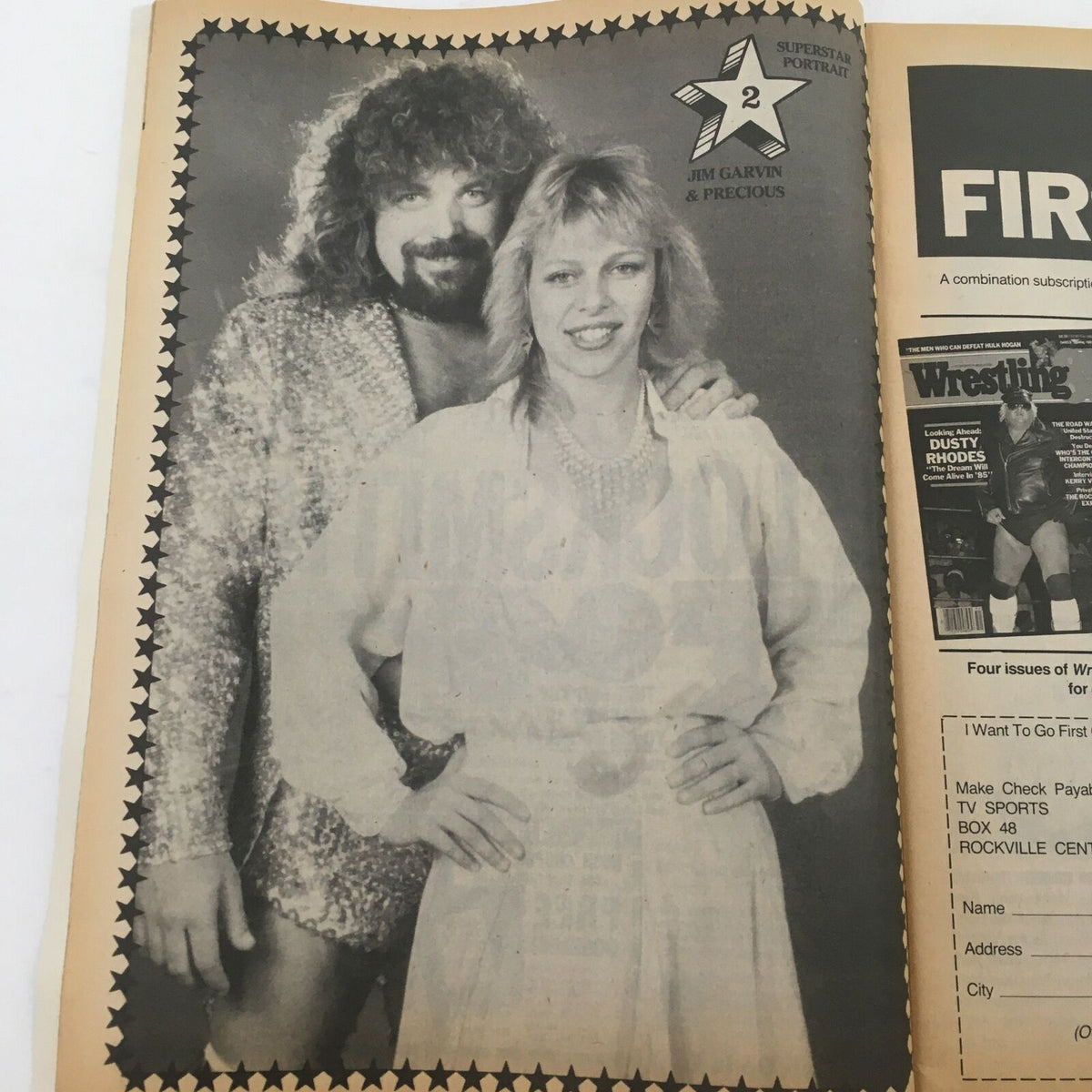 Wrestling Superstars Magazine Summer 1985 featuring Jim Garvin and Precious, a portrait showcasing their vibrant personalities during the mid-80s wrestling era.