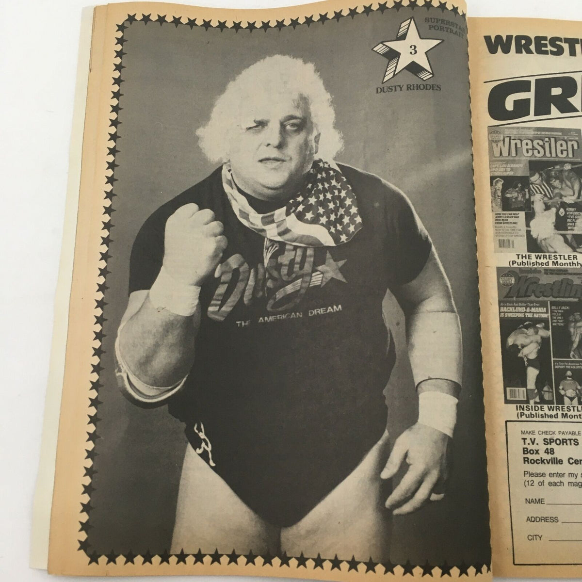 Wrestling Superstars Magazine Summer 1985 featuring Dusty Rhodes, highlighting his iconic look and persona as a wrestling legend of the mid-80s.