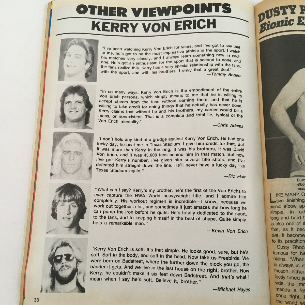 Wrestling Superstars Magazine Summer 1985 featuring multiple perspectives on Kerry Von Erich, with quotes from fellow wrestlers reflecting on his impact and talent in the wrestling scene.