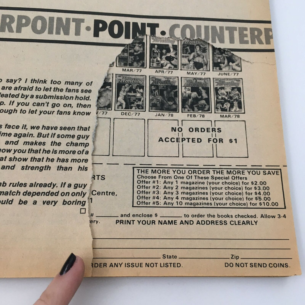 Point-Counterpoint section in WWF Wrestling Magazine October 1978 presenting debates on wrestling topics.